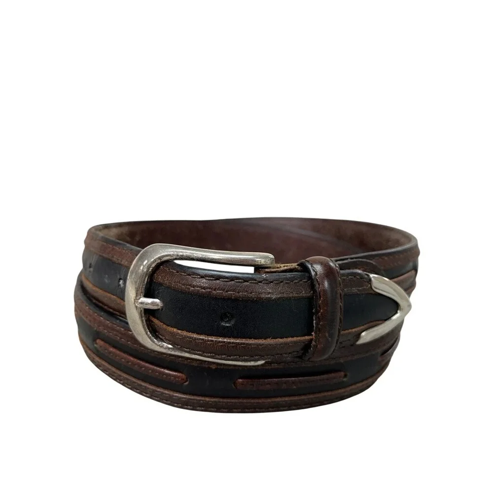 Mens Two Tone Black Brown Leather Western Belt Silver Buckle Metal Tip 47 Inch